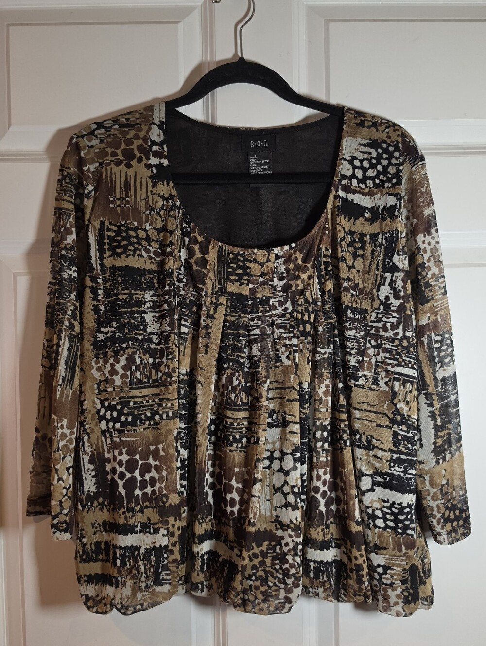 RQT Brown Black White Abstract Print 3/4 Sheer Sleeve Blouse L